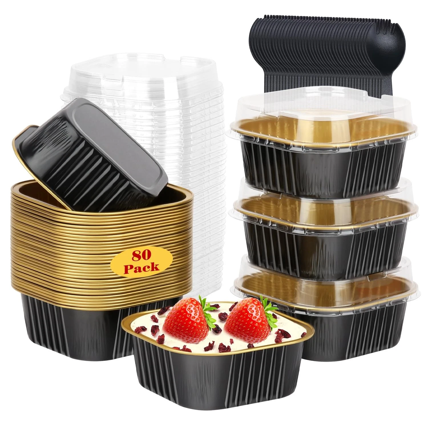 5oz/80pack Mini Cake Pans with Lids, Disposable Ramekins Muffin Tins Cupcake ...