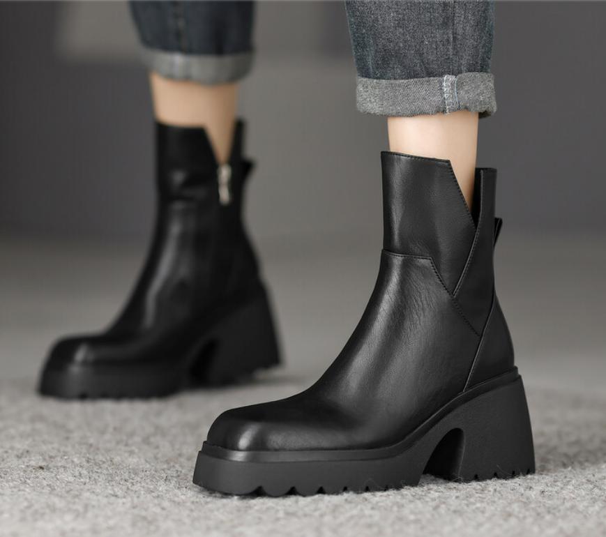 SAOLA Stivali da moto donna punta rotonda suola spessa alla caviglia tacco a blocco stivali da moto top alto Oxford