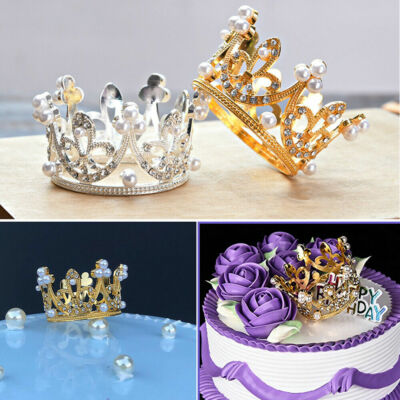 Crown Cake Topper Crystal Pearl Tiara Kids Hair Ornament Birthday