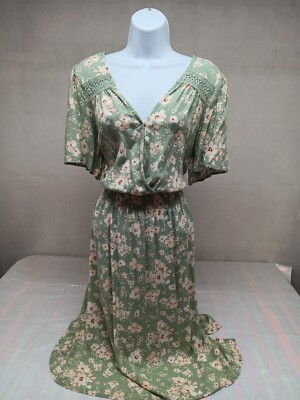 luxology dress green 2X Floral Crochet Short Sleeve Elastic Waist Knee Length Silk