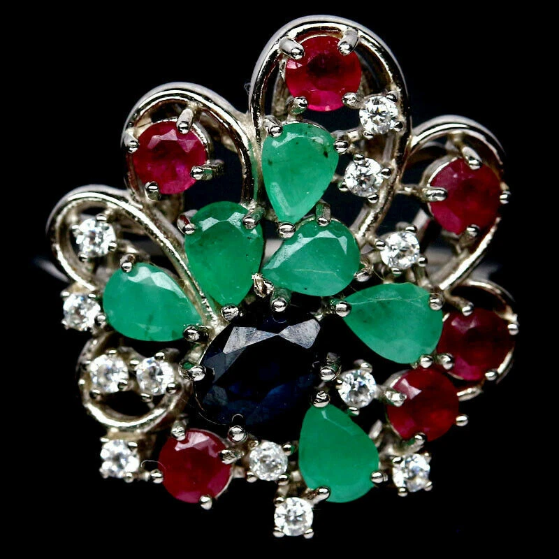 Anello Argento 925 Con Pietre Smeraldo, Rubino, Zirconi E, Zaffiro Blu Intenso - Immagine 2 di 4