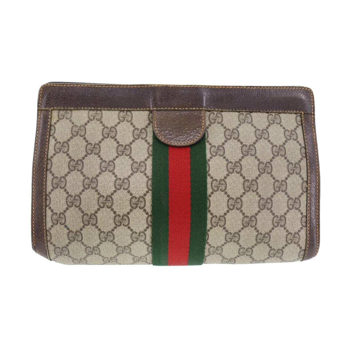 GUCCI GG Plus Web Stripe Pochette usata Pelle PVC marrone Vintage