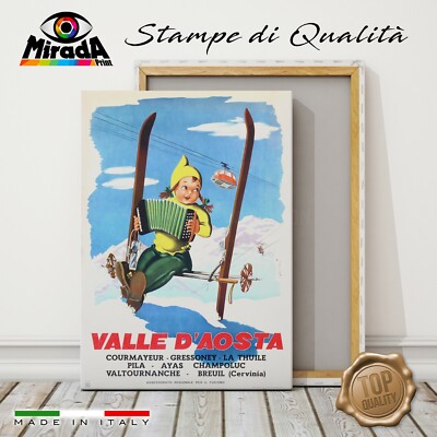 QUADRO VINTAGE VALLE D'AOSTA COURMAYEUR GRESSONEY CERVINIA STAMPA TELA CANVAS 