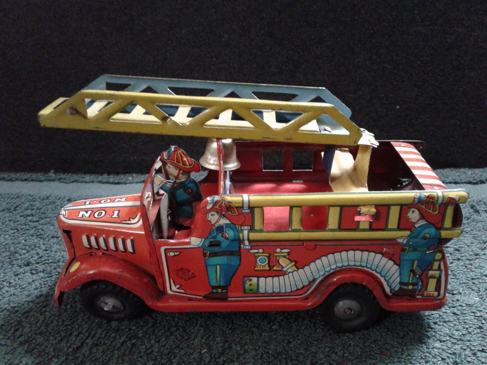 Vintage Tin Litho TM Trade Mark No. 1 Fire Truck w/Ladder & Bell, Japan
