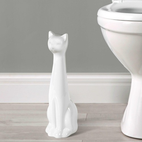 3-Piece Ceramic White Cat Toilet Brush Holder w/Plastic Brush & Soap Dispenser - Picture 7 of 9