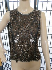 Art Deco Slightly Sheer Vintage Top w/ Bronze Embroidery Silver Beading, XS