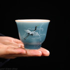 Chinese Tea Cup Crane Print Under Glaze Porcelain Kungfu Cup