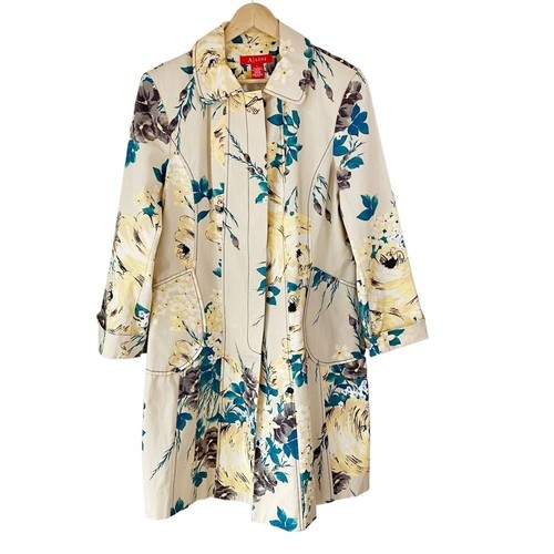 A Line Floral Trench Coat 100% Cotton Yellow Tan Beautiful