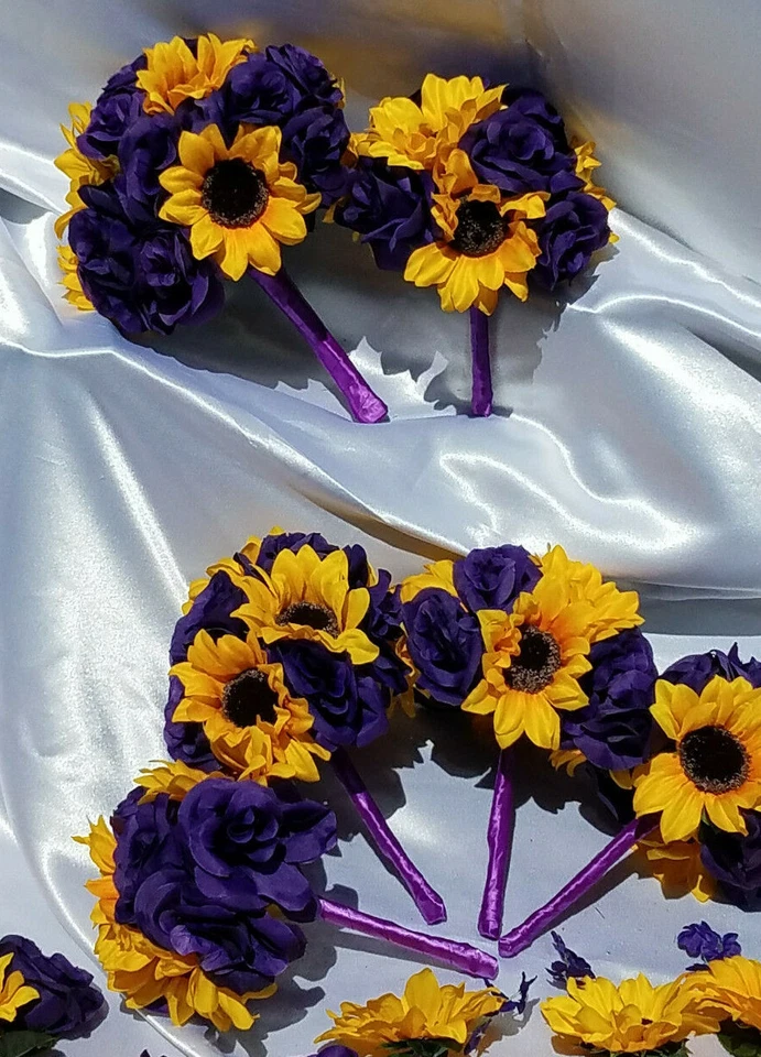 24 Pc Wedding Bouquet Set, Purple Rose, Yellow Sunflowers, Bouquet Package - Image 3 of 4