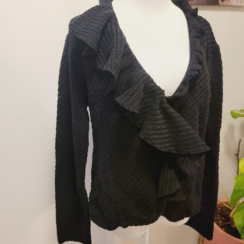 Willow Anthropologie schwarze Jacke mit Rüschenbesatz Strukturstrick Knopfleiste XL Blazer