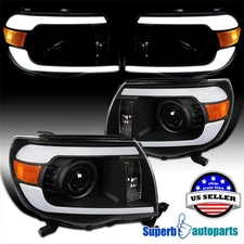 For 2005-2011 Toyota Tacoma LED Tube Black Projector Headlights w/ LED strip L+R