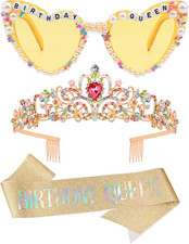 Rainbow Birthday Queen Glasses Sash Tiara Crown for Women Girls