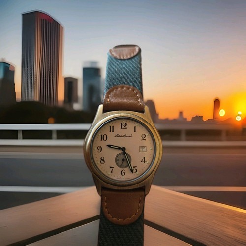 Orologio Uomo EDDIE BAUER Classico, Data, Pelle Marrone 38mm Militare Fresco Batter