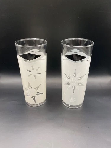 Vtg. Anchor Hocking Diamond Snowflake Glasses Barware Tumblers Winter- Set 2