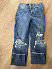 Old Navy Women's Straight Leg Blue Distressed Ripped Denim Jeans 5-Pocket Sz 2