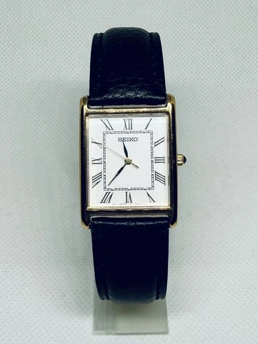 Vtg Seiko Men 25mm Watch Gold Tone White Tank Roman 7N01-0EZ0 - RUNS/new battery