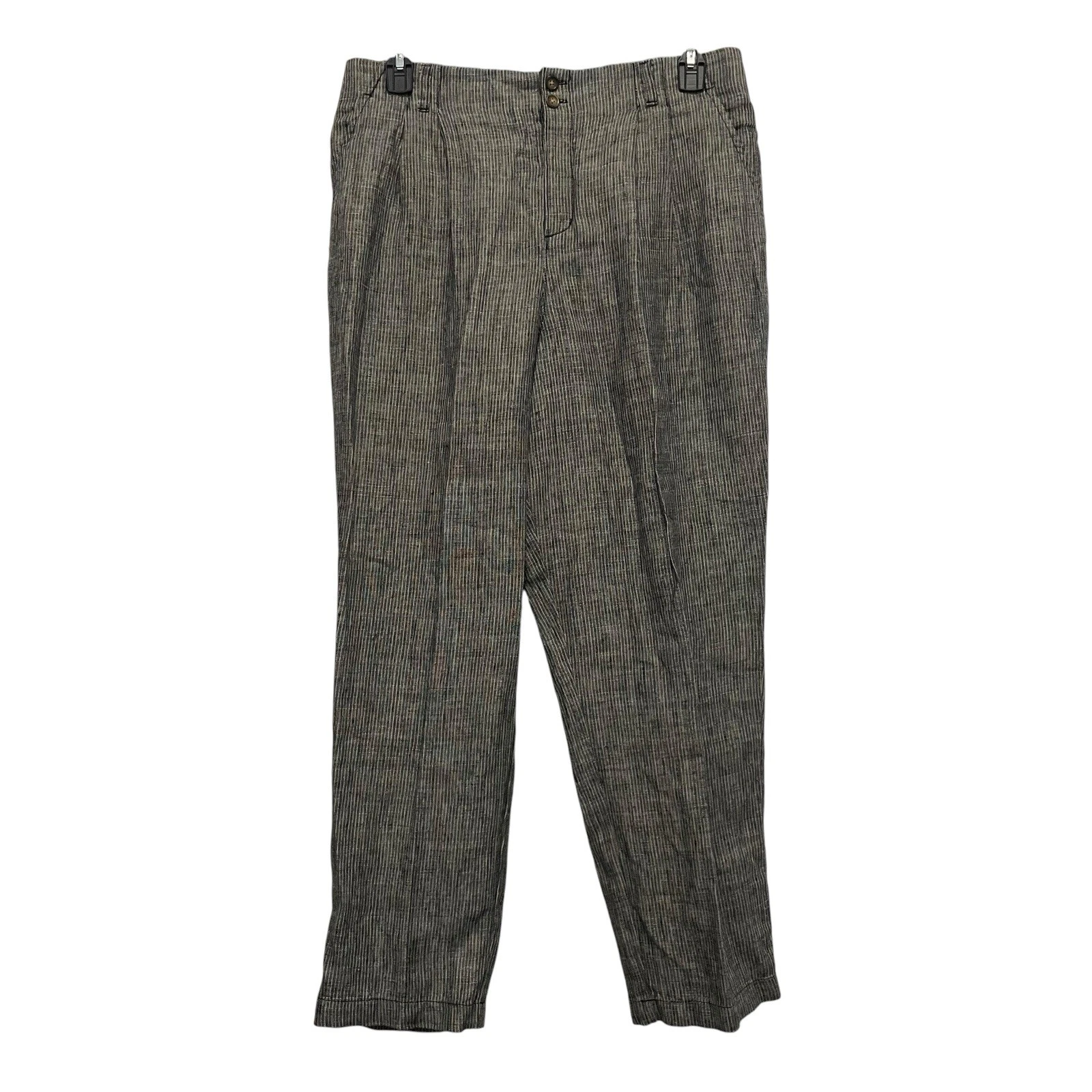 Garnet Hill Straight Leg 100% Linen Trouser Pant Sz 14 Sky Mini Stripe Grey Work