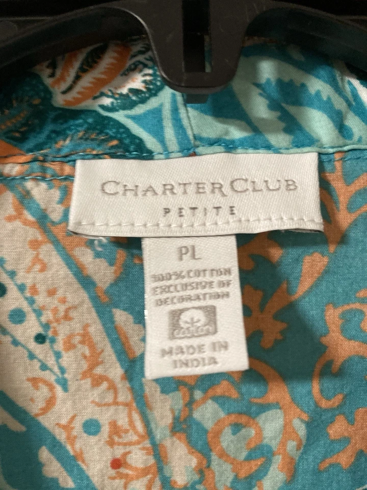 Top túnica floral bordada turquesa y coral Charter Club para mujer talla PL Foto 2 de 3