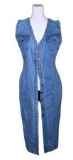 Vintage 90s Midi Denim Dress Womens Size M Blue Sleeveless Button Up Body Con