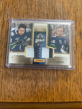 20/21 UD SP GAME USED QUINN HUGHES ELIAS PETTERSSON  DUAL PATCH #/25 2 COLOR