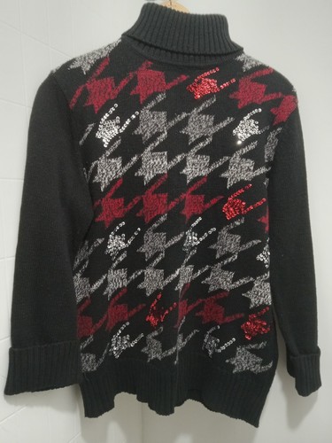 Vintage Kathy Lee Sweater Mock Turtle Neck, Black/red/silver Sz 4/ Small. Sequin - Picture 1 of 5