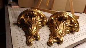 2 Ornate Sconce Gold Wall Display Shelf Chalk Ware Roman Art Co. St Louis, Mo