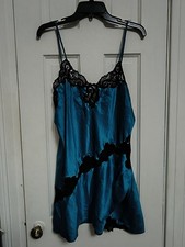 Vintage Victoria's Secret Teal Black Lace Chemise Nightgown Gold Label Size L C6