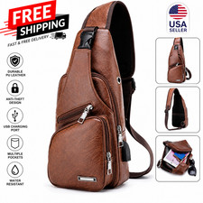 Brown Chest Crossbody Bag Sling Backpack for Men with USB Charge Port