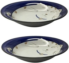 2 Pack Porcelain 8.5 inch Soup Bowl Blue Maneki Neko Cat Made in Japan S-2563x2