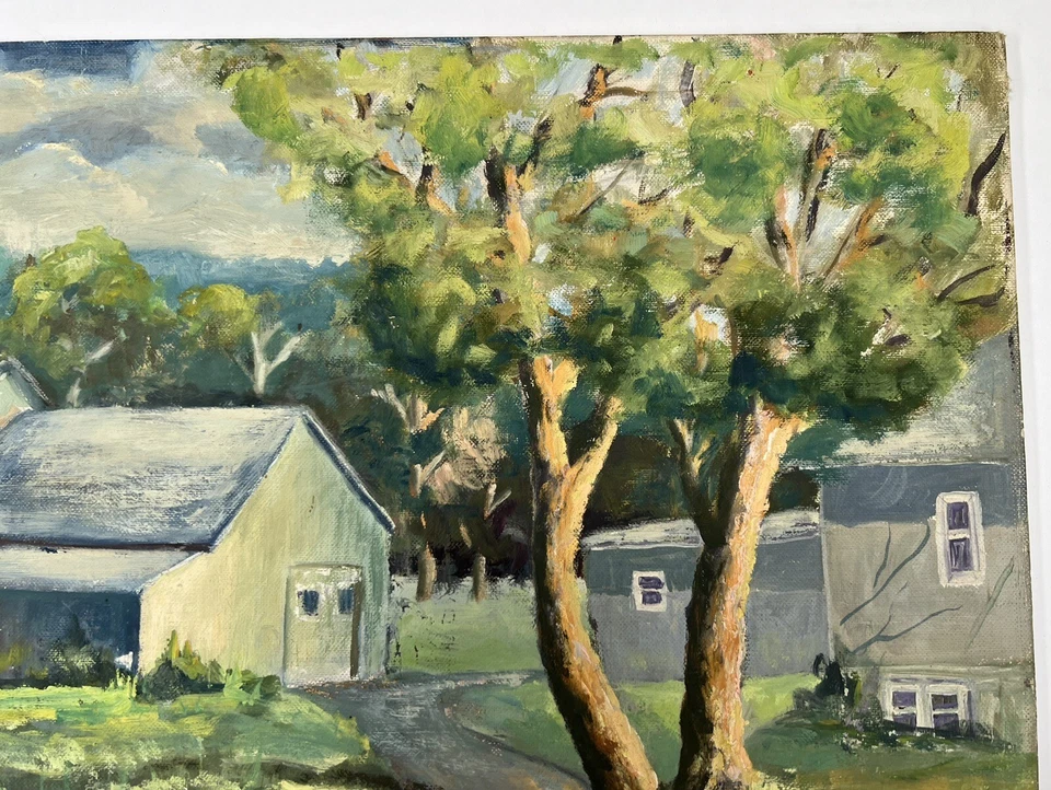 "Pintura de arte popular al óleo sobre lienzo de colección robles gemelos 12x16"" escena agrícola posguerra" Foto 3 de 4