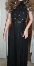 BNWT Ladies Sherri Hill Black Floor Length Jewel & Lace Floaty Dress-UK 10,USA 6