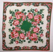 Vtg Floral Hankie 12x12" pink/red tulips green center/border 24OT01 H267 