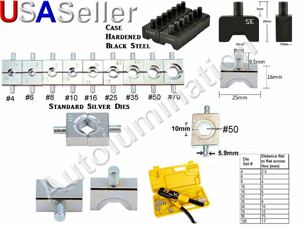 LILPARTS Hydraulic Crimper Crimp Cable Lug Swage Swaging Tool 10 8 Ton Replacement Dies