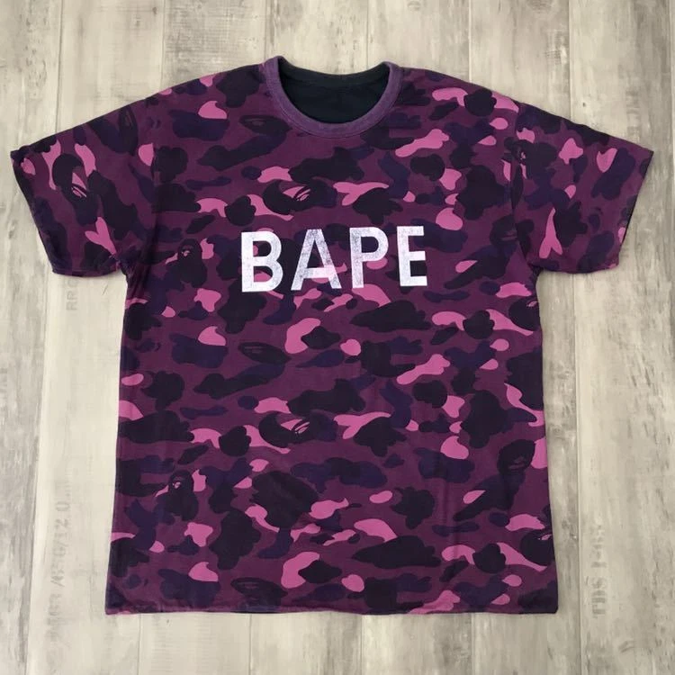 BAPE reversible T shirt purple camo neon college logo A Bathing