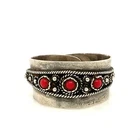 Vintage Signed 925 Sterling Israel Handmade Three Coral Stone Band Ring sz 8 3/4