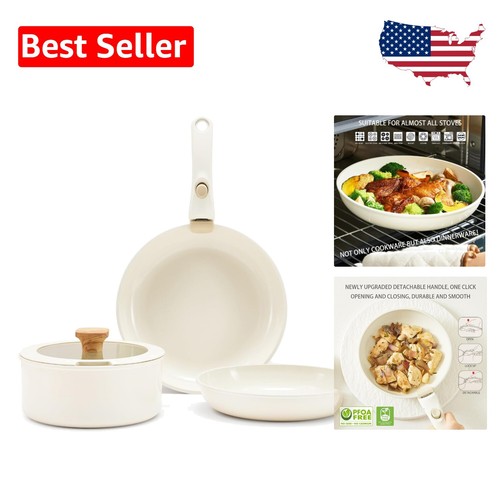 Versatile White Ceramic Pots & Pans Set with Detachable Handle for Easy Storage