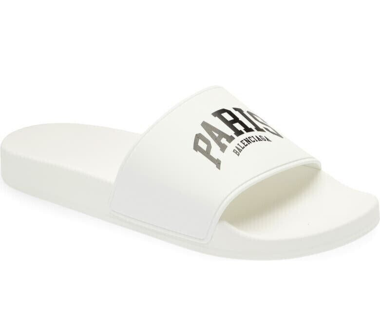 Balenciaga Cities Paris Logo Mens Pool Slides Sandals White Black Size 45 US 12 30190₽