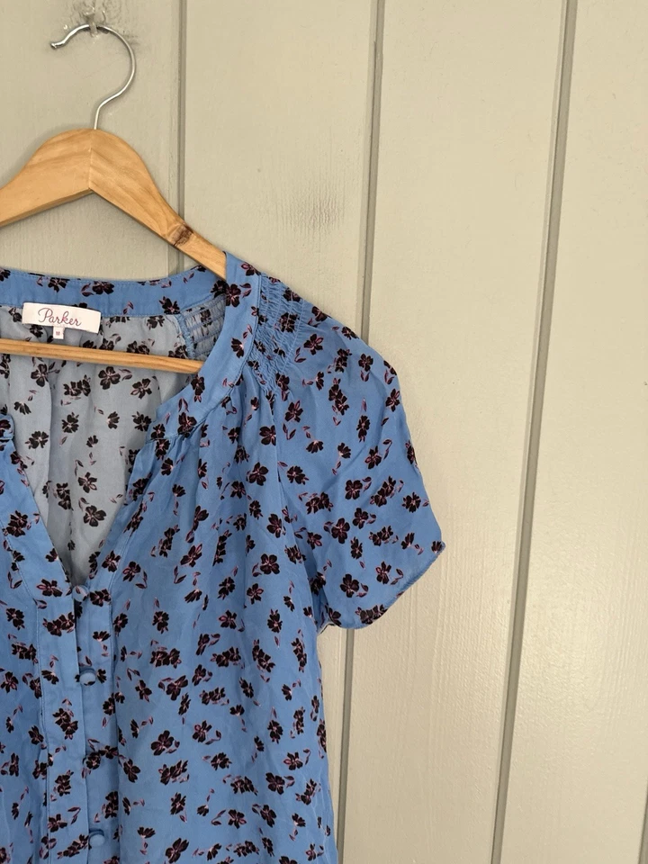 Top Parker 100% Seda M Mediano Mangas Cortas Azul Estampado Floral Mangas Cortas Foto 2 de 4