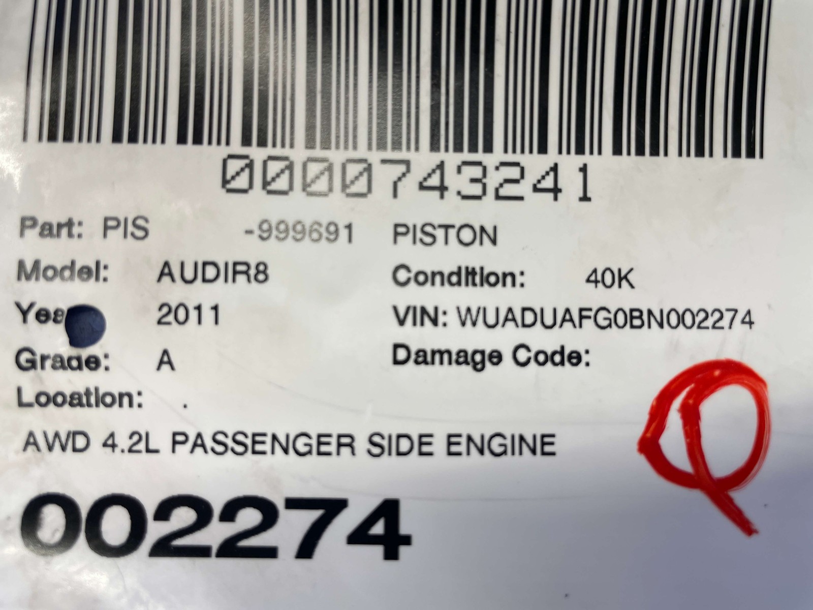 2011-2015 AUDI R8 TYPE 42 OEM AWD 4.2L PASSENGER ENGINE PISTON W/ CONNECTING ROD