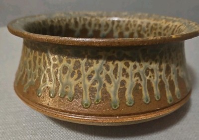 Studio Art Pottery Dish Bowl With Handles Drip Glaze Signed Gorgeous Colors EUC