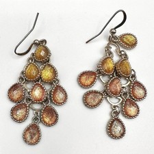 Vintage 80s Boohoo Glam Silver Tone Glitter Dangle Earrings Amber Tones Jewelry