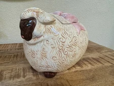 Vintage WCL Sheep Cookie Jar Ceramic Pink Bow Farmhouse Cottagecore Decor