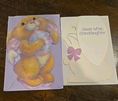 Cute Vintage Flocked Easter Cards With Bunnies Die-cut With Envelopes NOS