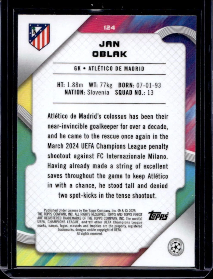 2024-25 Finest UEFA Jan Oblak Pink Raywave Refractor #92/250 Atletico - Image 2 of 2