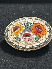 Vintage Italian Micro Mosaic Brooch Silver Metal Floral White Design Handmade 