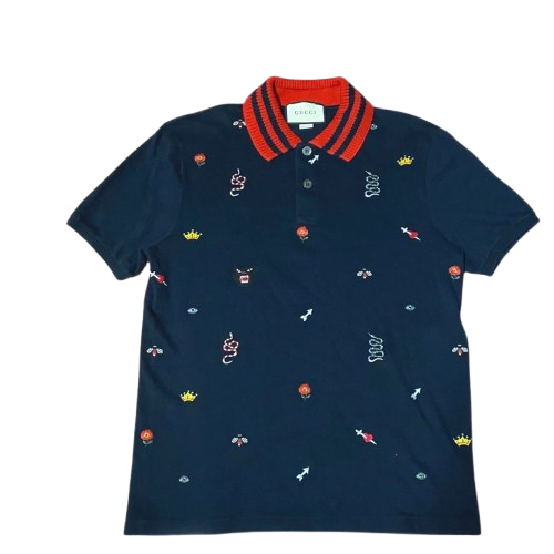 GUCCI Polo Shirt Embroidered Short sleeve Navy Crown Snake Flower