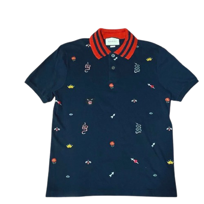 GUCCI Polo Shirt Embroidered Short sleeve Navy Crown Snake Flower