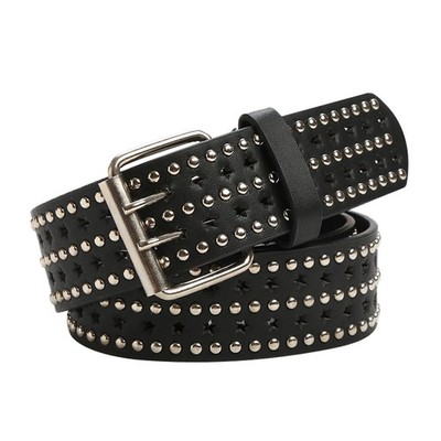 eYLun Double Grommet Leather Belt for Women Men Goth Studded One Size, Black