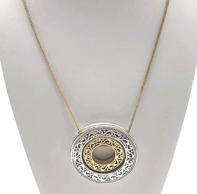 Etched Circles Scrollwork Chain Necklace Large Circle Inner Circle Slide