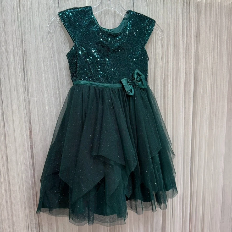 Vestido de Fiesta Jona Michelle Niñas’ Lentejuelas Verdes Tul Talla 6 Ocasión Especial Foto 4 de 4